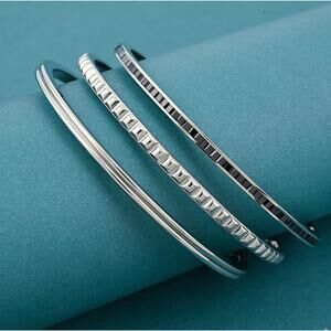Calvin Klein Set‎ 3 Black Simulated Diamond Bangle Bracelets Stainless Steel 7"